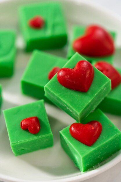 Green fudge with red hearts