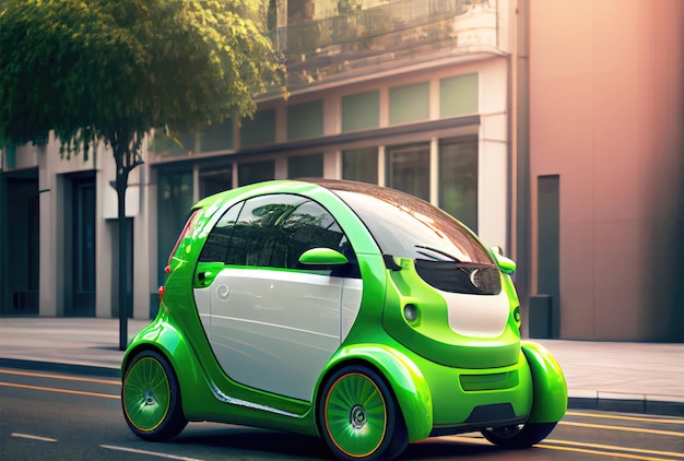 Photo green future car on the road in the city urban scene at day background technology and transportation concept generative ai