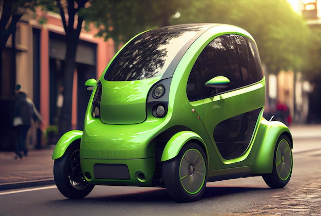 Green future car on the road in the city urban scene at day background Technology and transportation concept Generative AI