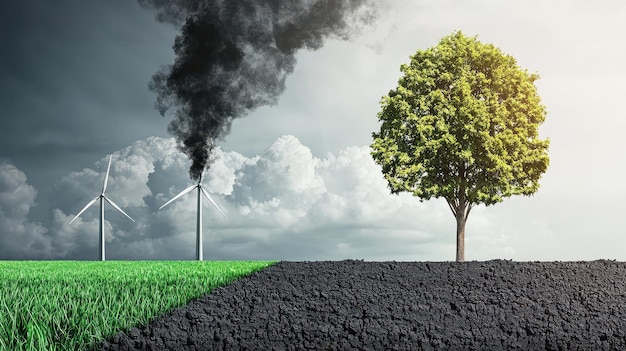 Photo green future with wind turbines and tree smoke pollution cloudy sky