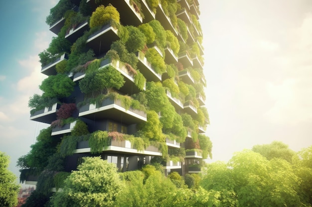 Green futuristic skyscraper vertical forest apartment building with gardens on balconies Modern sustainable architecture Ai generative