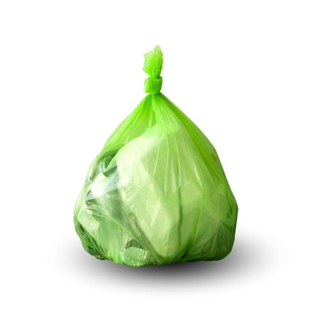 Green garbage bag on white background clipping path