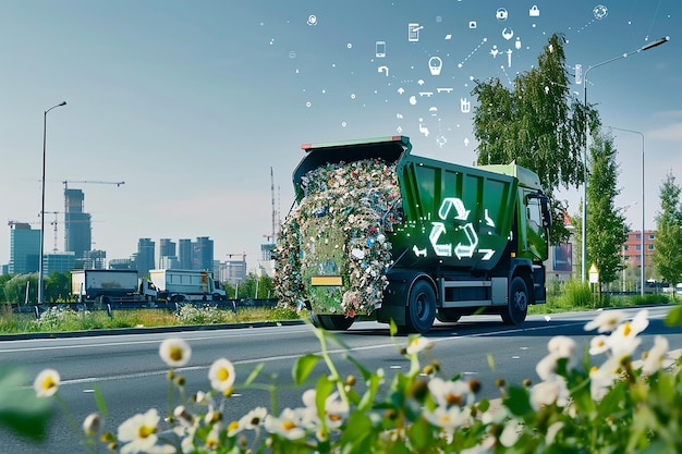 A green garbage truck with the word l on the side