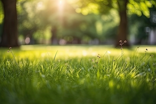 Green garden grass in spring springtime in the background and tree leaves