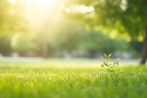 Green garden grass in spring springtime in the background and tree leaves