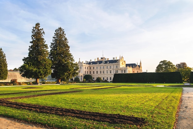 Green gardens in Lednice castle Chateau yard in Moravia, Czech Republic