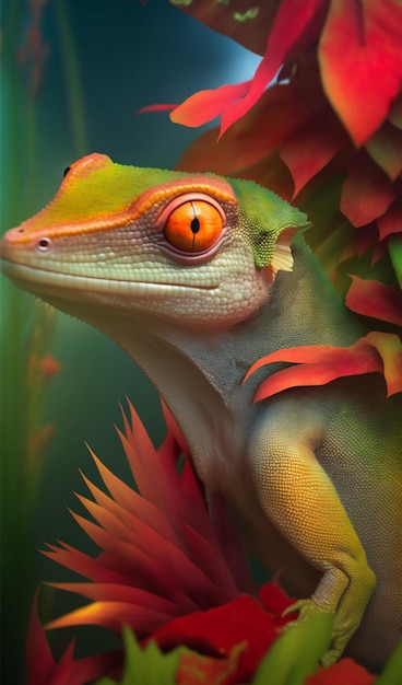 A green gecko with red eyes sits on a branch.