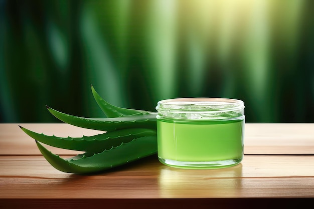 Green Gel And Aloe Vera Presented On Wooden Table