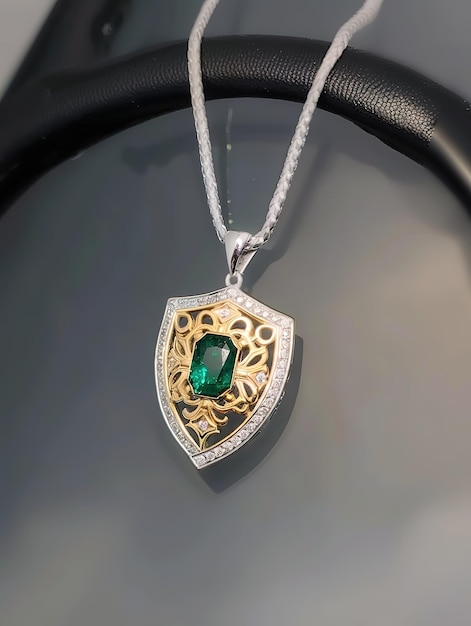 A green gemstone pendant with a gold frame