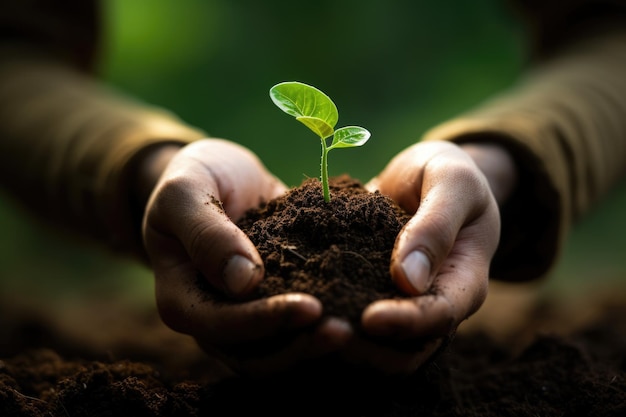 Green Germ Bud Two Hands Planting a Seedling to Nurture Nature on Dirtied Background