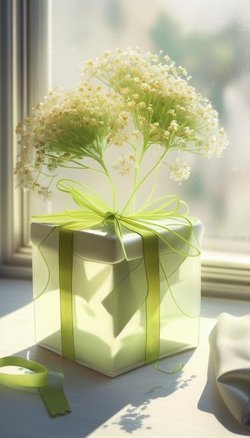 Green gift box sitting on top of a window sill generative ai