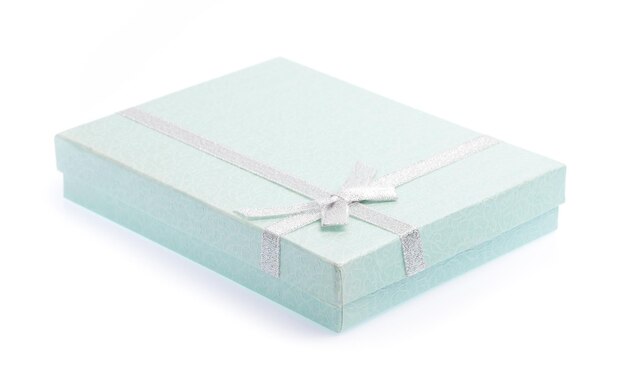 green gift box with white ribbon isolated on white background.