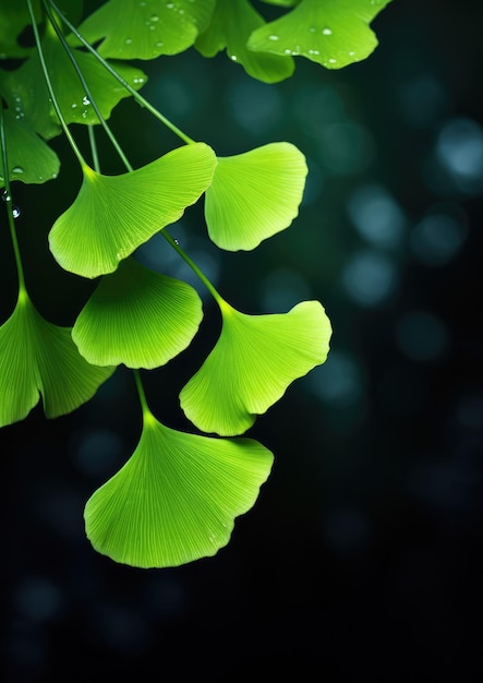 Green Ginkgo biloba leaves on dark background nature Generative Ai