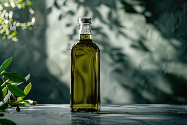 Photo green glass bottle with olive oil