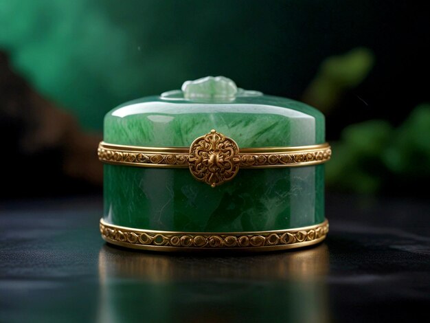 a green glass box with a gold trim and a green lid