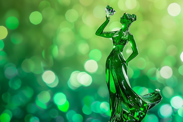 Green glass figurine of a woman holding a diamond against a green bokeh background