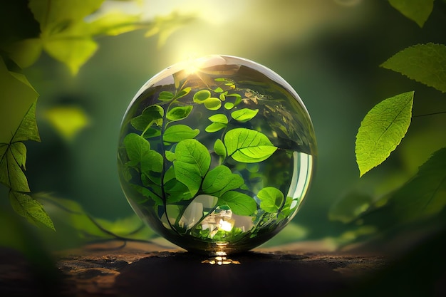 Green glass globe with green leaves an d morning sunlight Generative Ai