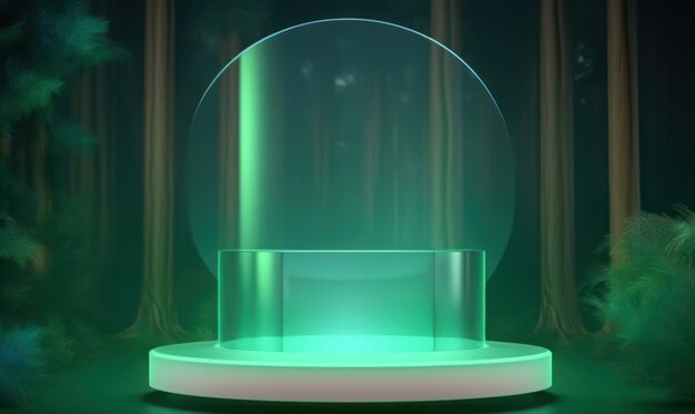 A green glass snow globe with a green light on it.