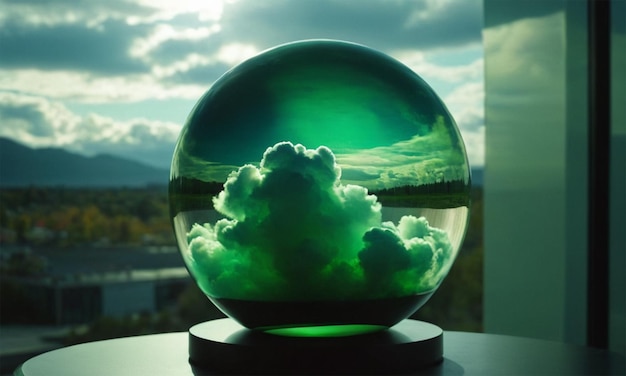 Photo a green glass sphere with clouds in it and the sky in the background