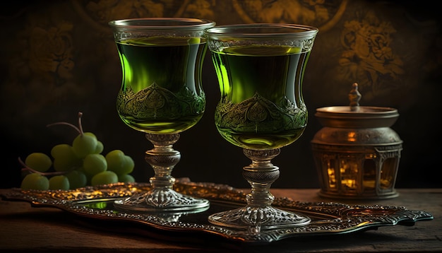 A green glass with a dark background and a bunch of grapes on it.