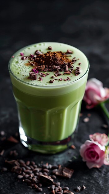 a green glass with a green drink and a flower in it