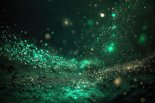 A green glitter dust is shown on a dark background.