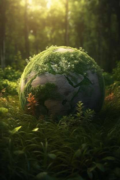 A green globe in the forest with the sun shining on it.