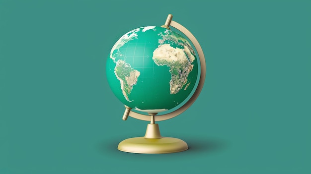 A green globe on a gold stand against a teal background