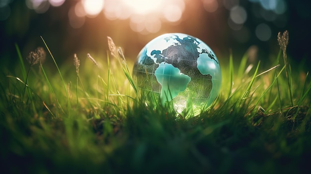 A green globe in the grass with the sun shining on it.