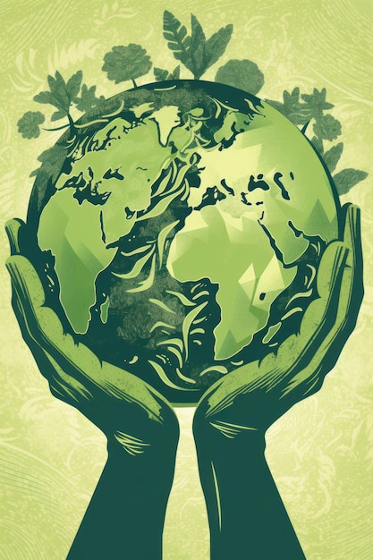 A green globe is held in two hands.