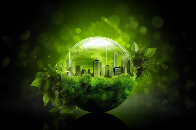 A green globe with a city inside and a green ball with the word city on it.