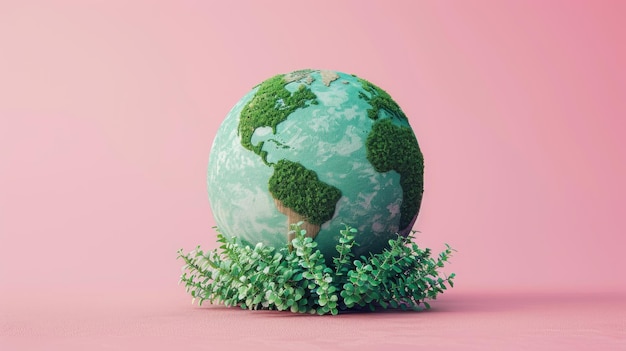 A green globe with continents covered in grass sits on a bed of green leaves against a pink background