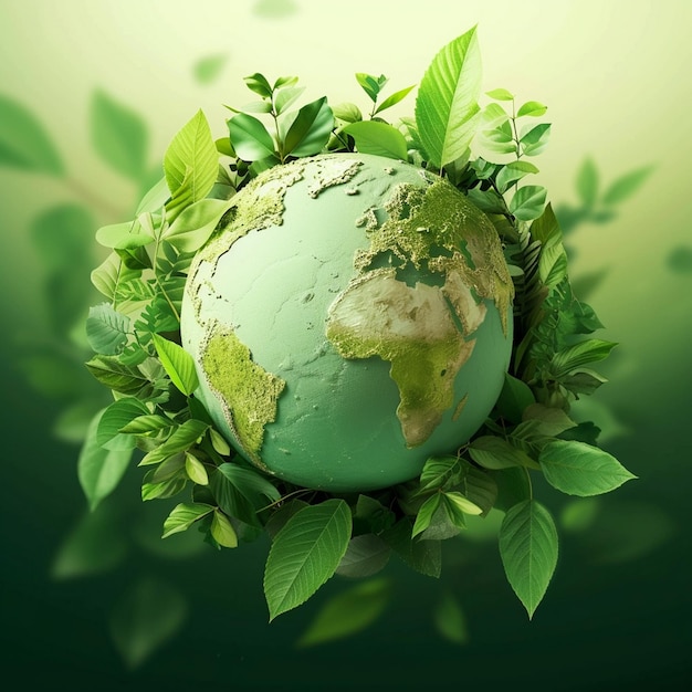 A green globe with leaves surrounding it green word green Earth Day