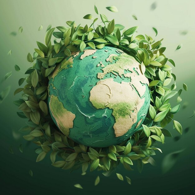 A green globe with leaves surrounding it green word green Earth Day