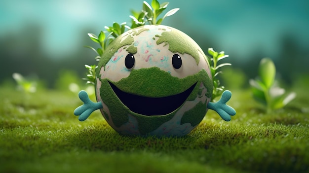 A green globe with a smiling face and a green leaf on it.