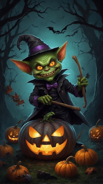 A green goblin is holding a pumpkin and a stick