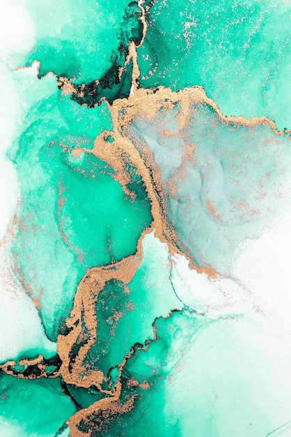 Green gold abstract background of marble liquid ink art painting on paper