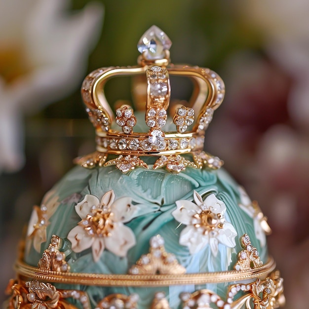 a green and gold container with a crown on it