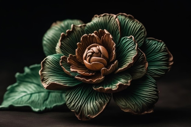 A green and gold flower with a green leaf on it.