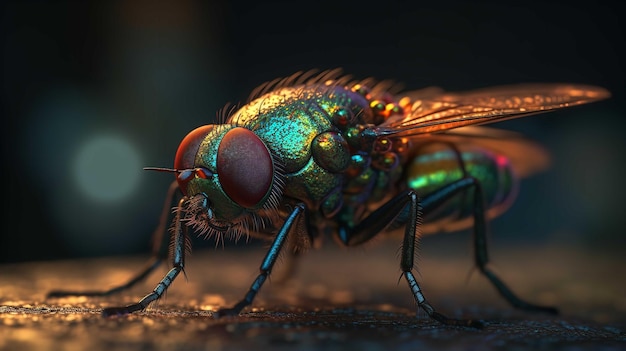 A green and gold fly sits on a dark background.