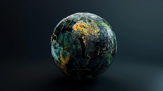 A green and gold globe with cracks like a planet or a rock