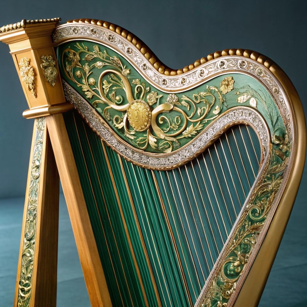 a green and gold harp with a heart shaped design on the bottom