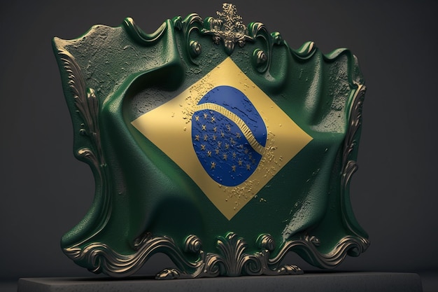 A green and gold mask with the flag of brazil.