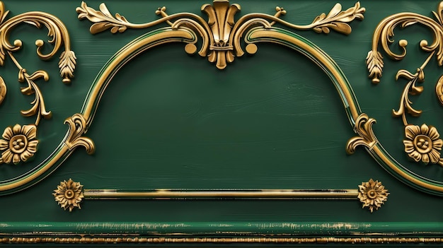 a green and gold painted fireplace with ornate designs