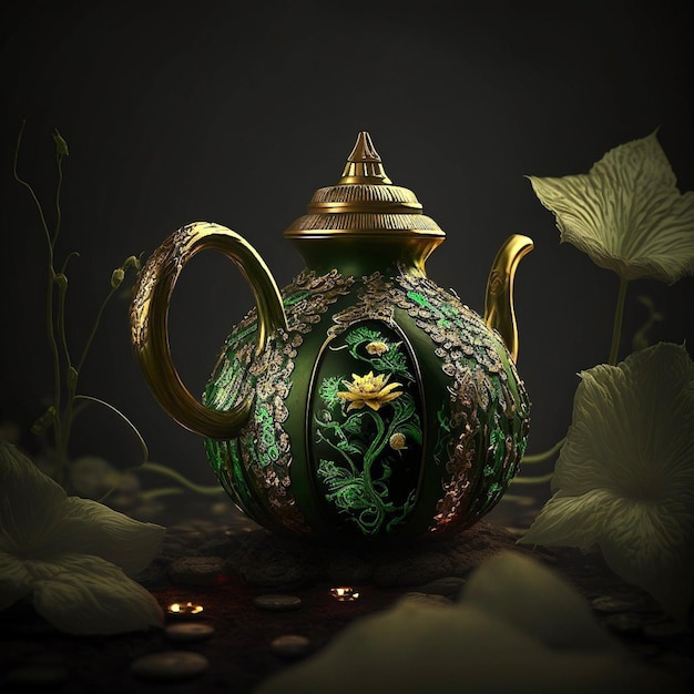 A green and gold teapot with a lotus flower on it.