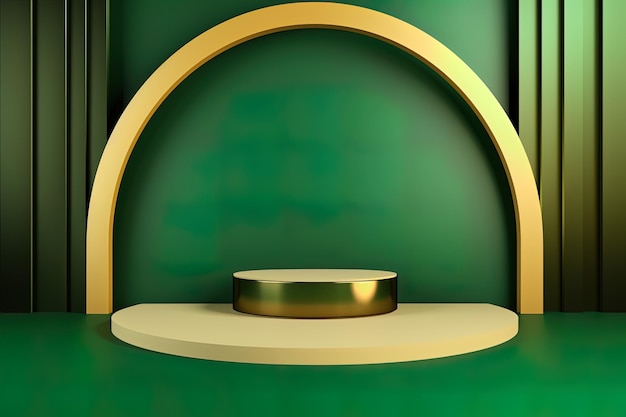 A green and gold wall with a round silver plate on it