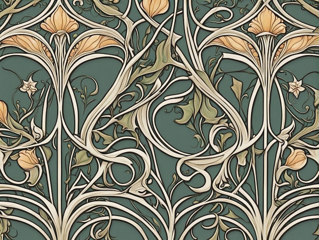 Photo a green and gold wallpaper with a flower design