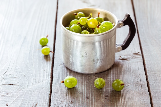 Green gooseberries in a aluminum cup