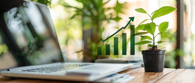 Green graph with laptop on wooden table showing growth in green business ecosystem