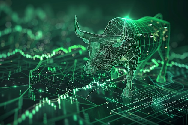 Green graphic illustration of business stock market bull run and growth with graph and diagram Generative ai